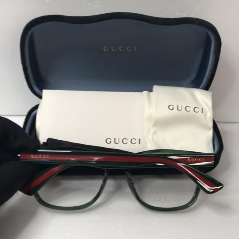 New - 💯 Original Gucci GG0004ON 011 Green with Red Stripe Square Men`s Eyeglas - Picture 8 of 13